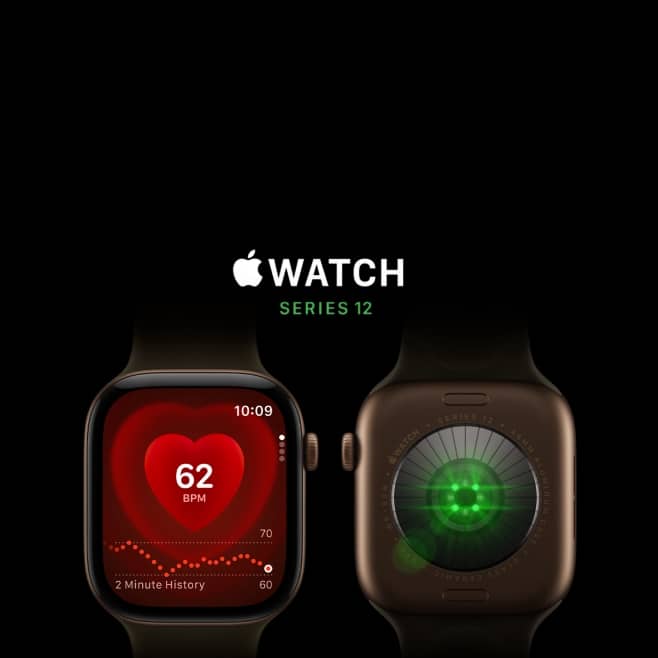 Apple Watch Series 12 with heart rate screen reading: 62 BPM and two minute history, shown beside back view with green sensor.