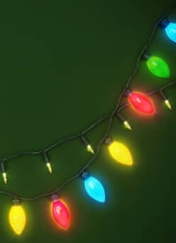 Multicolor string lights shown against green background.