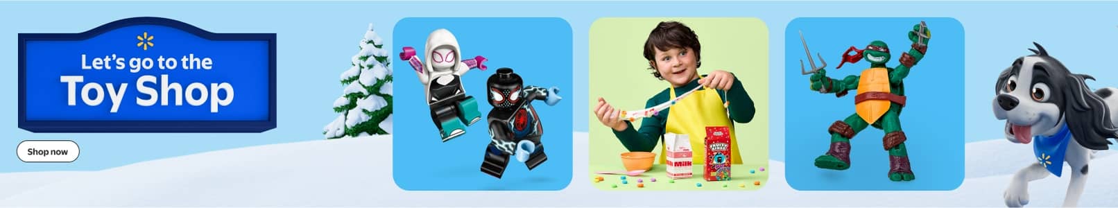 Badge that reads Let’s go to the Toy Shop. Spider-Man LEGO figures, child playing with breakfast cereal slime and Teenage Ninja Turtle shown.
