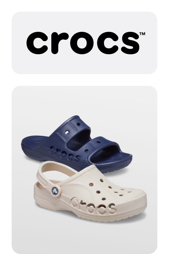Navy blue two-strap slide sandals next to a classic beige clog with an adjustable heel strap. Crocs logo.