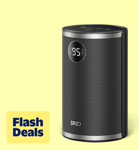 Image shows a black Dreo space heater with a digital display on a light yellow background.