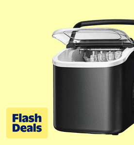 Flash deals. Image shows a black Goosiay countertop ice maker with a clear lid and handle, set against a yellow background.