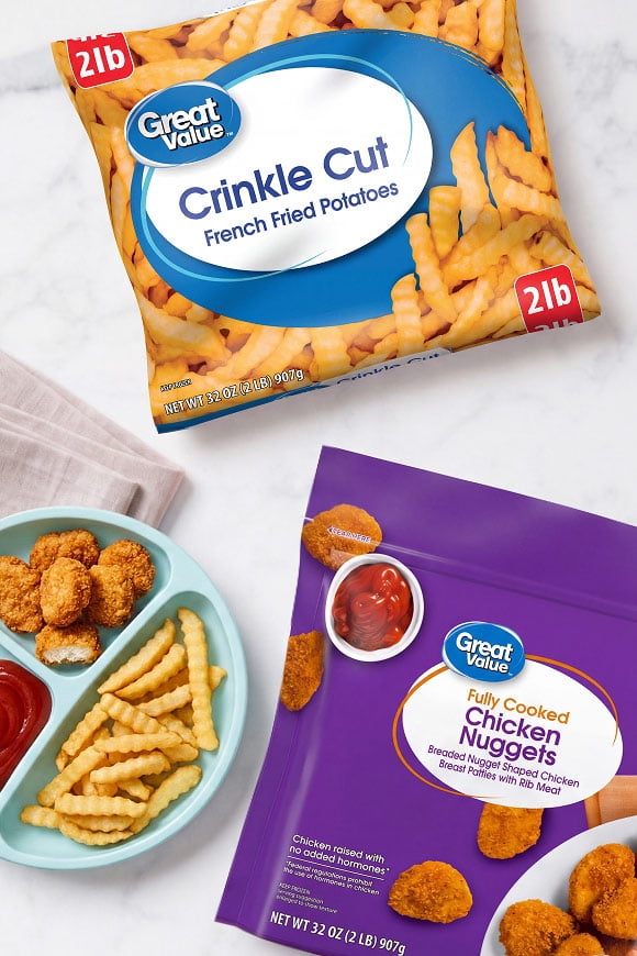 Great Value Crinkle Cut French fried potatoes bag and Great Value fully cooked chicken nuggets bag with nuggets and fries on plates.