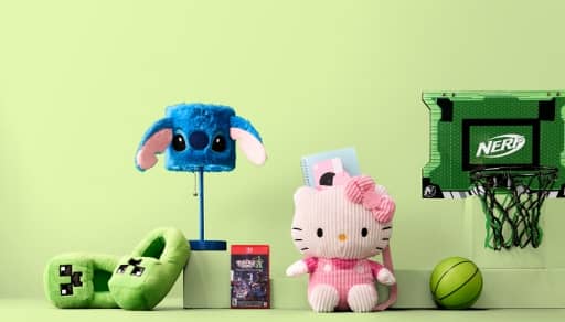 An image of green slippers, a Stitch lamp, a Pokémon game, a Hello Kitty bookbag and a Nerf hoop and ball.