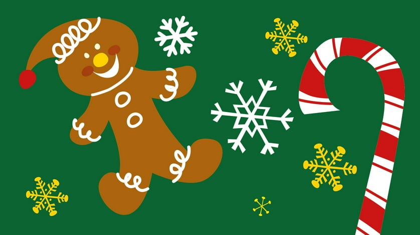 art drawing of gingerbread man and candy cane.