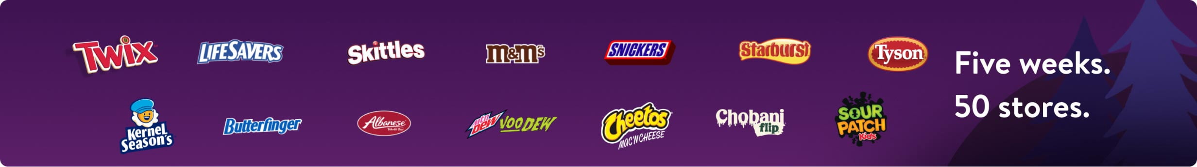 An animated, Halloween-inspired display featuring logos from over a dozen popular candy and food companies.