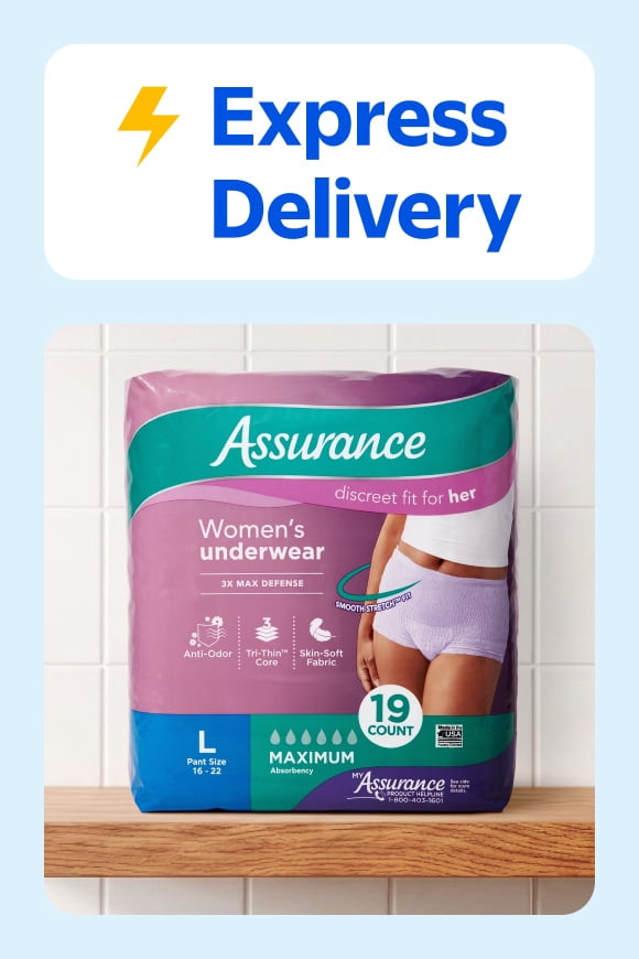 Express Delivery badge above Assurance womens underwear pack, size L, maximum absorbency, nineteen count.