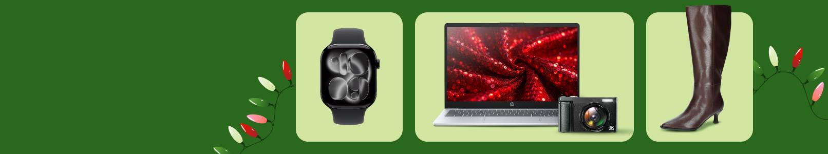 A holiday light illustration. A black Apple watch, an HP laptop with a red display, a four K digital camera, and a brown faux leather knee high boot.