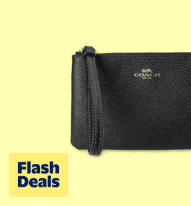 Flash deals. Image shows a black Coach small leather wristlet with a zip, set against a yellow background.