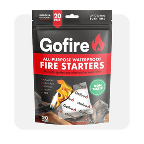 Image shows a black and red pack of GoFire twenty pack ultimate all-purpose fire starters with the label "All-Purpose Waterproof Fire Starters."