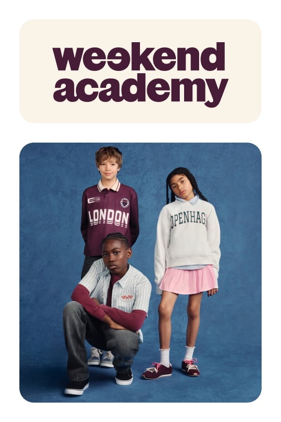 Three tweens in fall back to school outfits including a rugby shirt, collared sweatshirt, pleated skirt, layered shirt and denim.