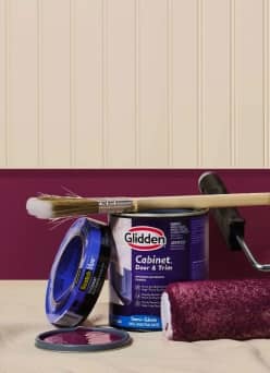 Image shows Glidden cabinet door and trim pain in maroon.