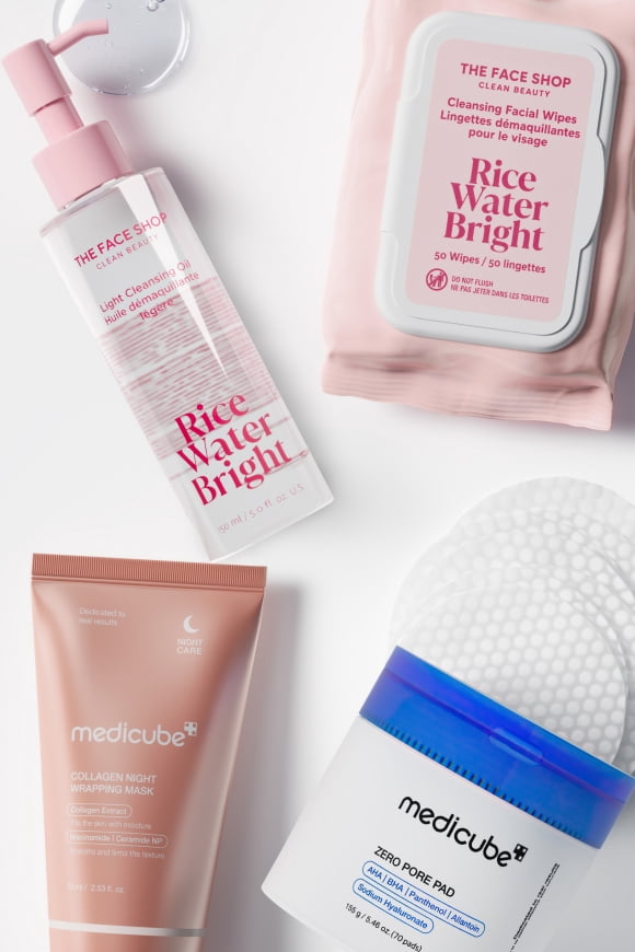 The Face Shop and Medicube skincare with text: "The K-Beauty Shop. Glow with innovative, viral brands—Medicube & more.