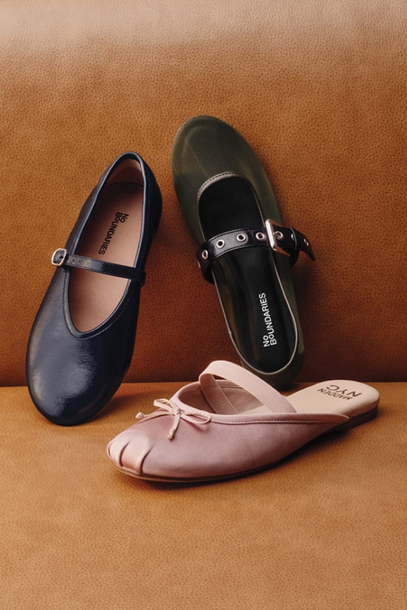 Mary Janes and Mary Mules shoes in navy, green and pink displayed together.
