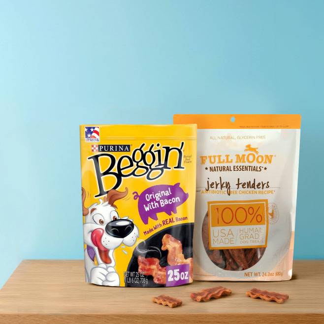 Purina Beggin treats & Full Moon jerky tenders.