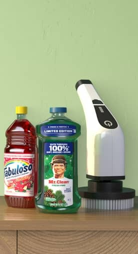 Mr. Clean limited-scented fresh pine is shown alongside Fabuloso holiday-scented cleaner as well as a power cleaning brush