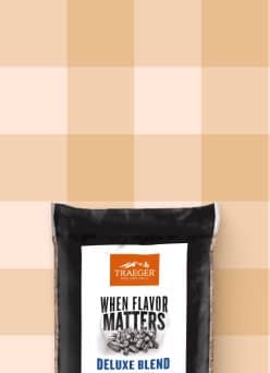 A bag of pellets on a plaid background.