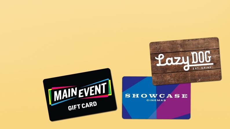 Colorful gift cards on a yellow background.