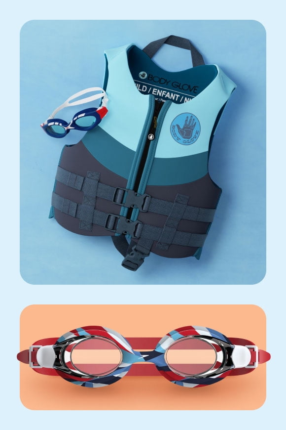 A set of goggles and a swimming vest on a blue and peach background.