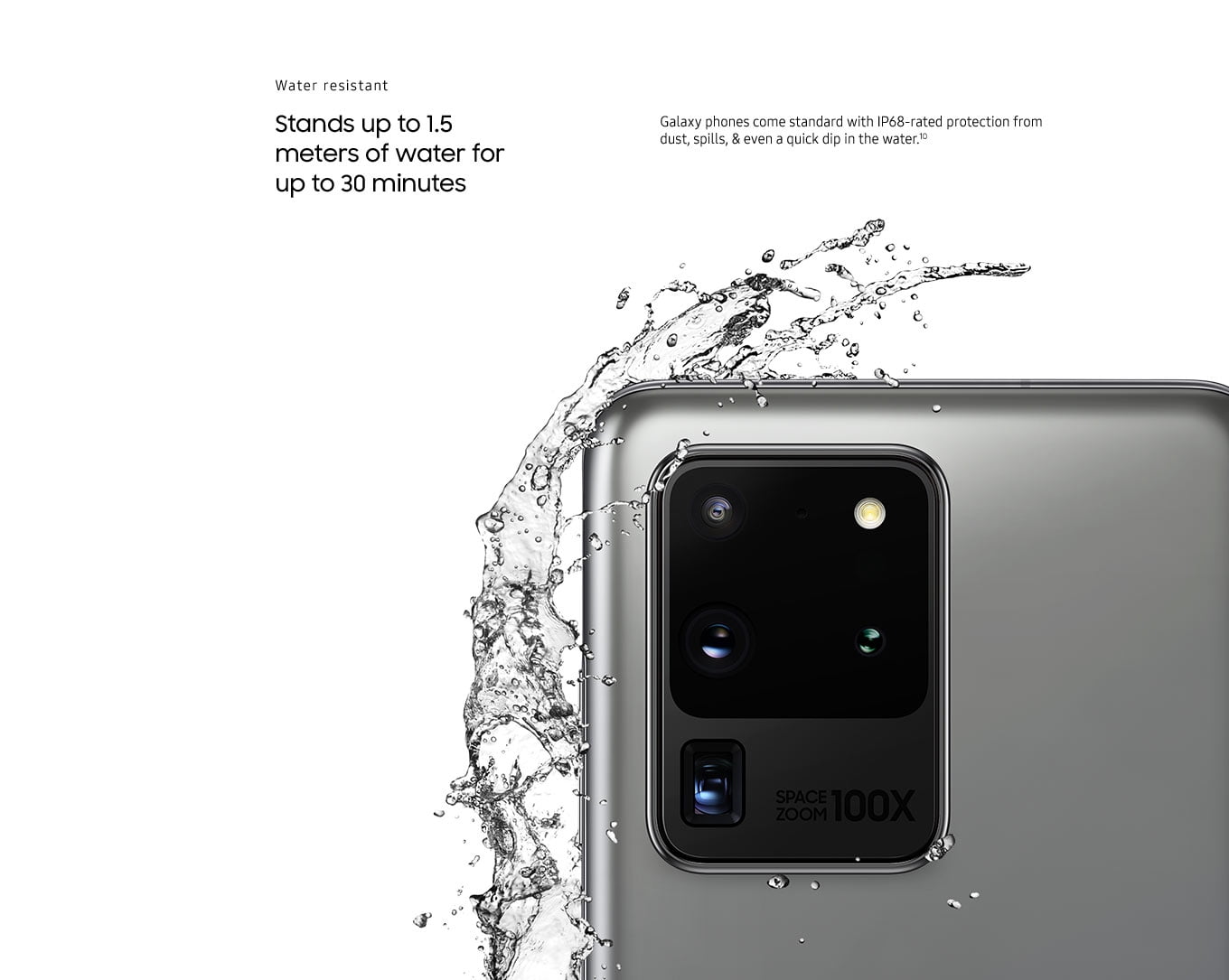 Water resistant. Stands up to 1.5 meters of water for up to 30 minutes.
