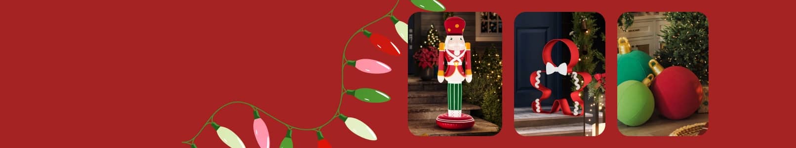 Toy soldier inflatable, gingerbread man ribbon decor and baubles shown.