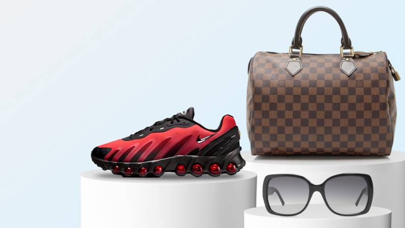 A Nike sneaker, a pair of Burberry sunglasses, and a Louis Vuitton bag are on white risers. Event ends April fourteenth.