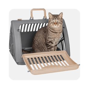 a grey cat carrier with a cat inside on a grey background