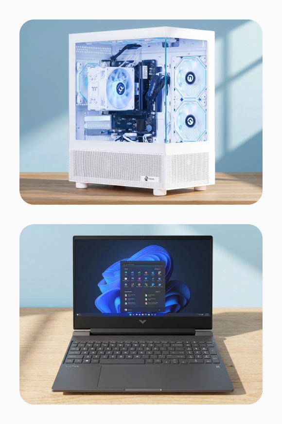 NINGMEI Soul Gaming PC Desktop, featuring a distinct white case with panoramic glass and a laptop