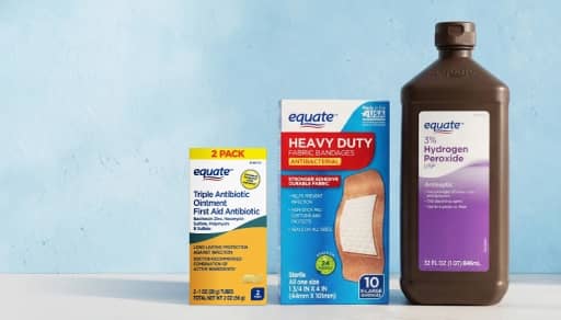 Equate heavy-duty bandages, antibiotic ointment and a bottle of hydrogen peroxide.