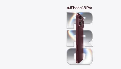 Apple iPhone eighteen Pro in maroon shown from the side over large iridescent letters reading: PRO.