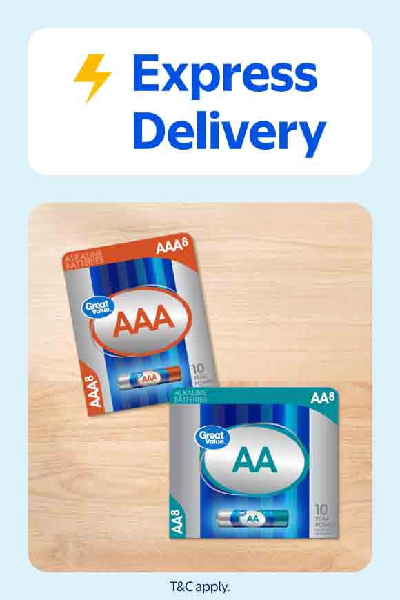 Express Delivery. T and C apply. Great Value AAA and AA batteries in multipacks on a light wood surface.