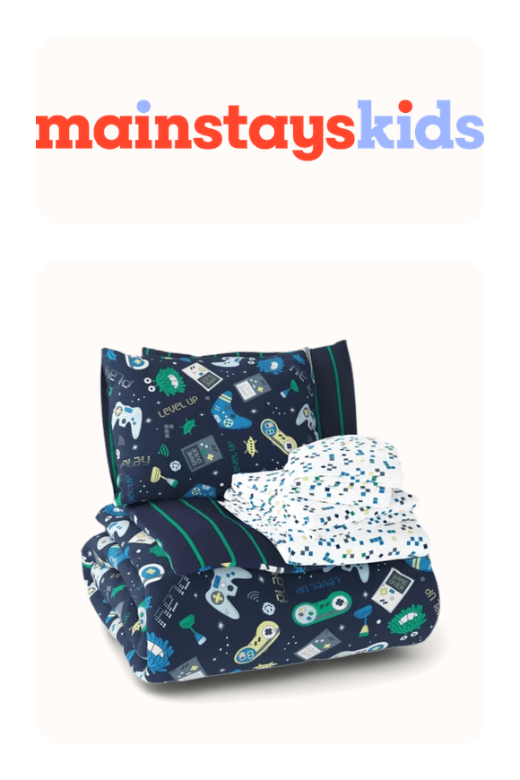 Image shows Mainstays Kids Glow in the Dark Gamer Reversible Comforter Set with Sheets, Full, 7 Pieces