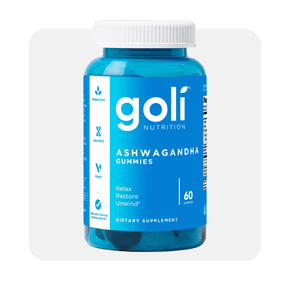 Image shows a blue bottle of Goli Nutrition Ashwagandha Gummies, mixed berry flavor, containing sixty gummies, designed as a dietary supplement.