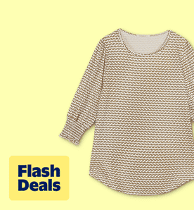 Flash deals. Image shows a patterned Fantaslook blouse with three-quarter-length smocked sleeves on a yellow background.