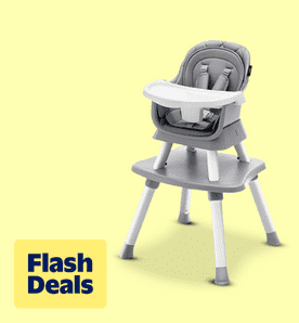 Image shows a gray HARPPA eight-in-one baby high chair on a light yellow background.