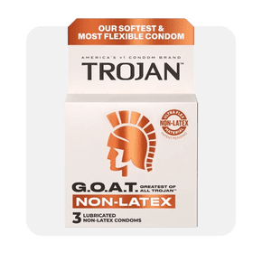 Image shows a box of Trojan G.O.A.T. latex-free lubricated condoms, designed with ultra-flex non-latex material, set against a white background.