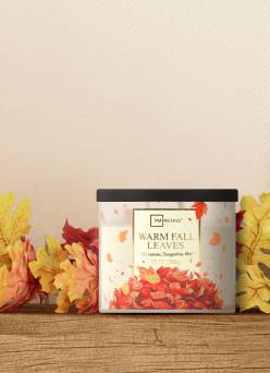 Image of a candle with the scent “Warm Fall Leaves” sitting on a wooden surface with fall foliage decor. Seasonal scents from $6. Shop now.