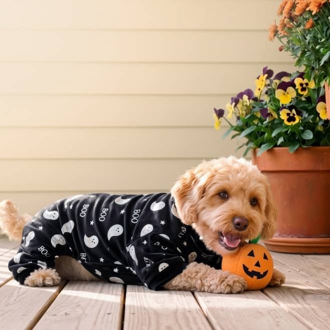 A fluffy dog in black ghost pajamas rests on a wooden deck holding a plush pumpkin.