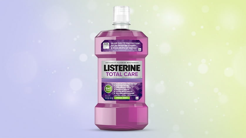 Listerine against a purple and green background.