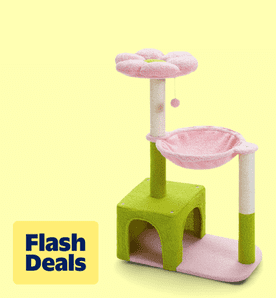 Image shows a pink and green Pawz Road cat tree with a flower-shaped perch and scratching posts on a light yellow background.
