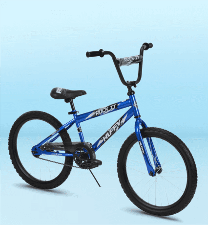 Image shows a blue Huffy Rock It kids' bike on a light blue background.
