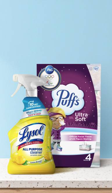 Lysol’s all-purpose cleaner in lemon breeze and Puffs ultra-soft facial tissues.
