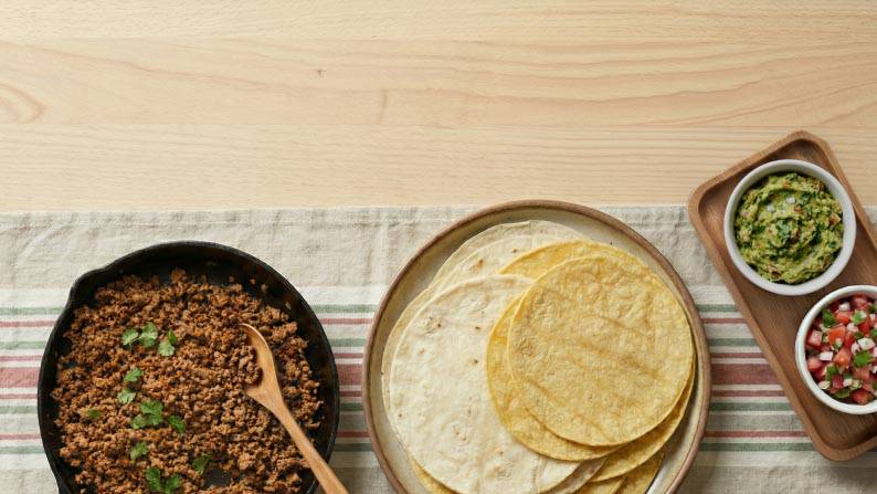 Corn and flour tortillas on a plate next to a skillet of ground beef and bowls of pico de gallo and guacamole.