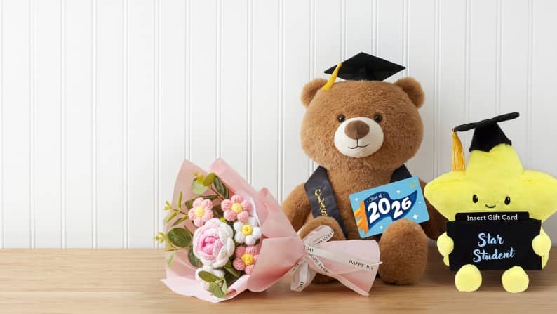 A bouquet, plush toys, gift cards. Text reads: from five dollars and ninety-seven cents.