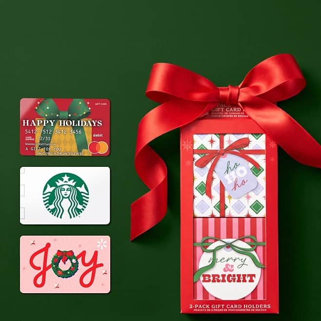 Holiday gift cards and a red two pack gift card holder box with text: Happy Holidays, ho ho ho, Joy, Merry and Bright.
