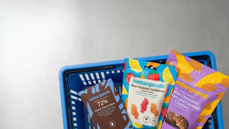 bettergoods premium Swiss 72 percent dark chocolate, sour gummy cockatoos, and milk chocolate pecan and caramel clusters in a Walmart basket.