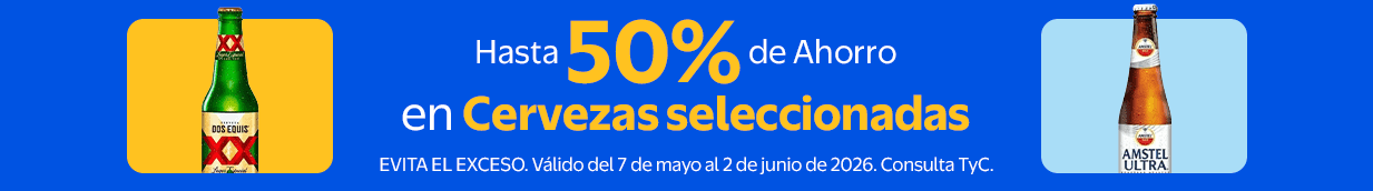 Hasta 50% de Ahorro en Cervezas seleccionadas EVITA EL EXCESO. Válido del 7 de mayo al 2 de junio de 2026. Consulta TyC.