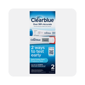 Image shows the Clearblue Early Combo Pack Pregnancy Test Kit with two tests, packaged in a light and dark blue box, on a white background.