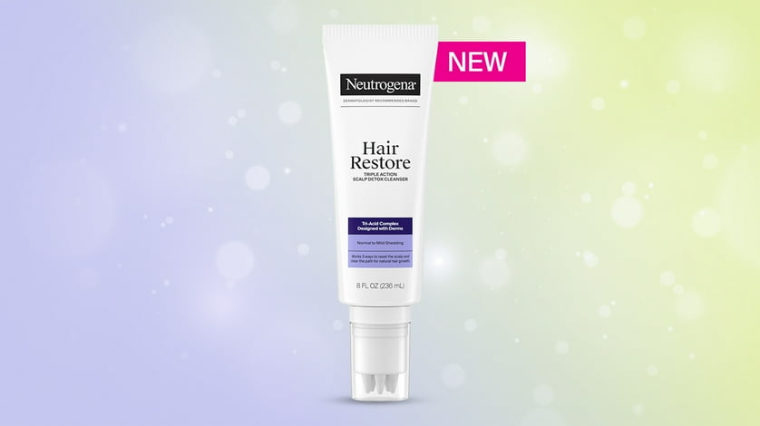 Neutrogena Hair Restore against a purple and green background.