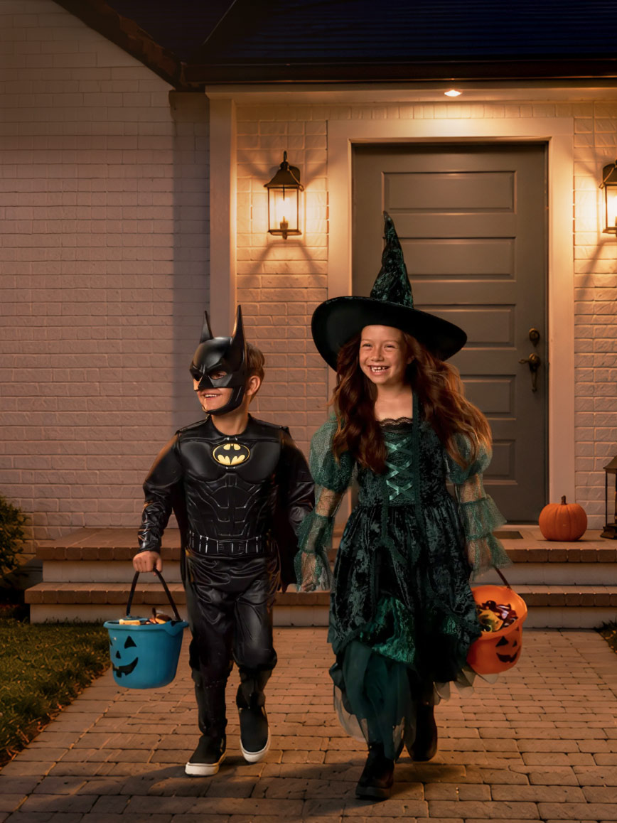Child in a bat superhero costume and child in a green witch costume walk with pumpkin candy buckets on a brick path at night.